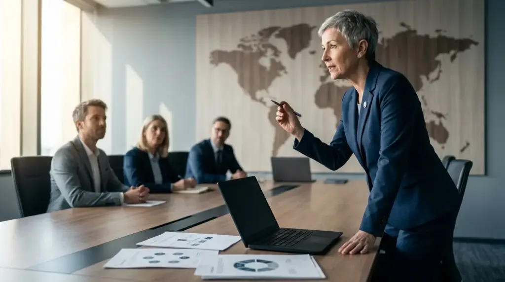Company lawyer presents US market strategy to team.