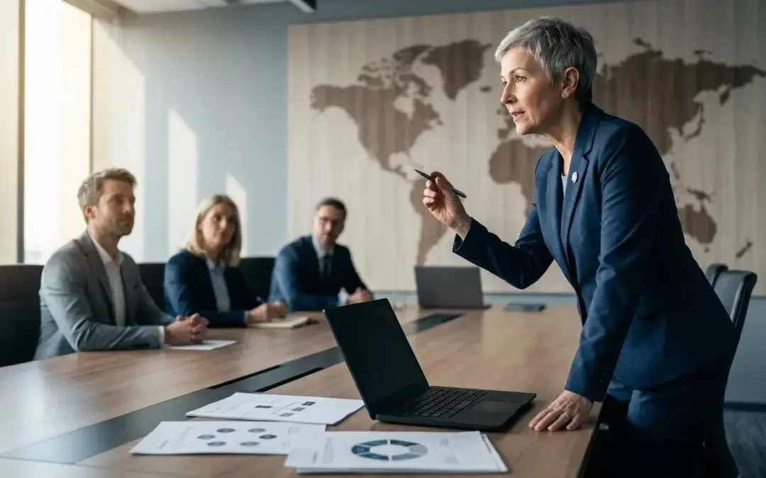 Company lawyer presents US market strategy to team.