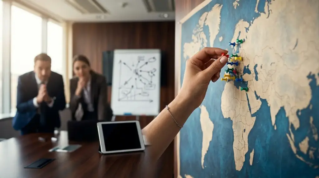 Business team marks US market on world map.