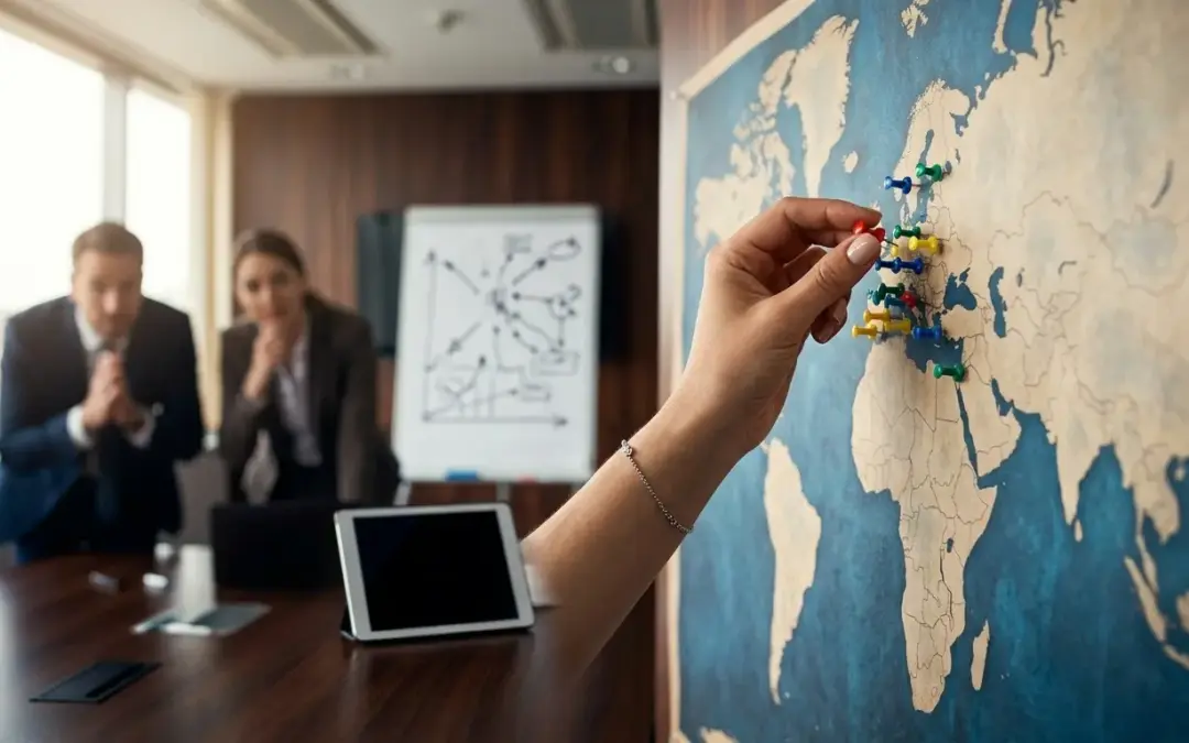Business team marks US market on world map.