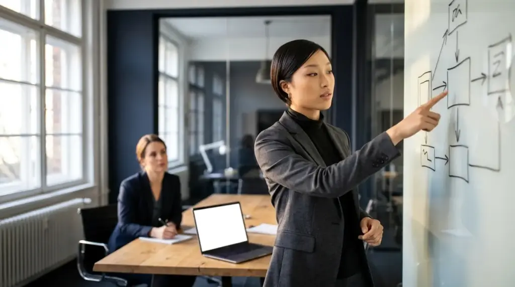 Company lawyer explains US market strategy at whiteboard.