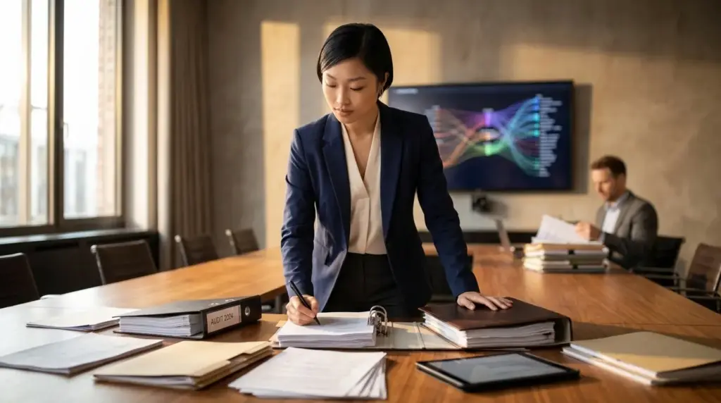 Professional woman in blazer, company lawyer reviewing US market documents.