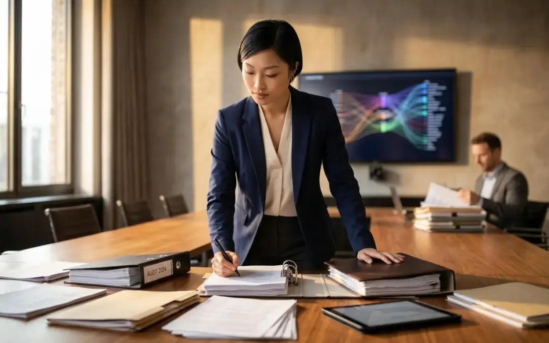 Professional woman in blazer, company lawyer reviewing US market documents.