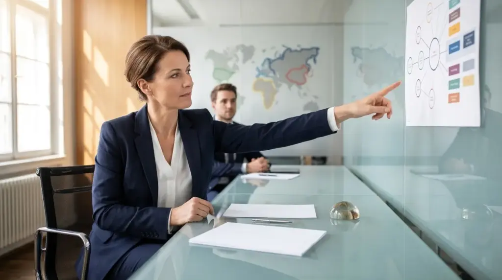 Businesswoman lawyer in navy suit points at chart in boardroom.