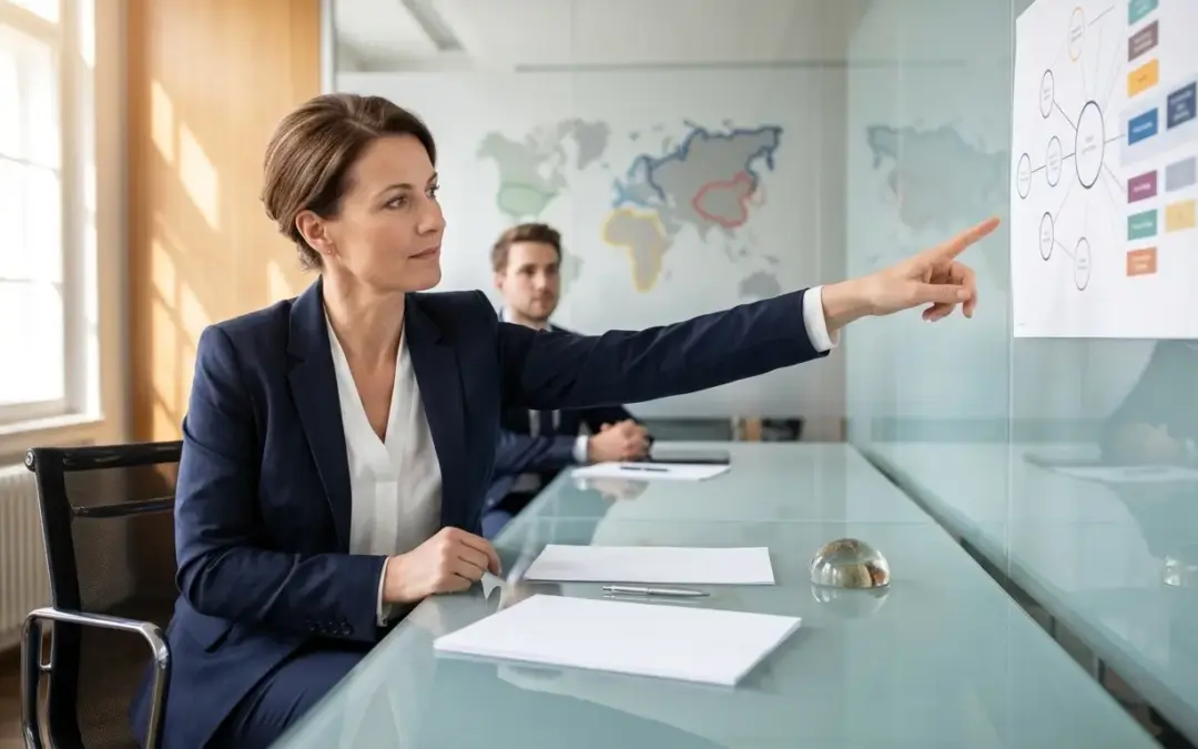 Businesswoman lawyer in navy suit points at chart in boardroom.