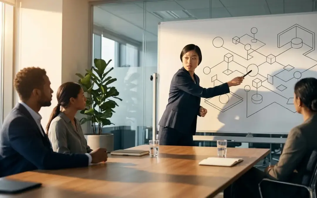 Business meeting: woman presents diagram at whiteboard.