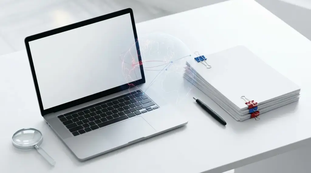 Laptop beside stacked documents with globe network.