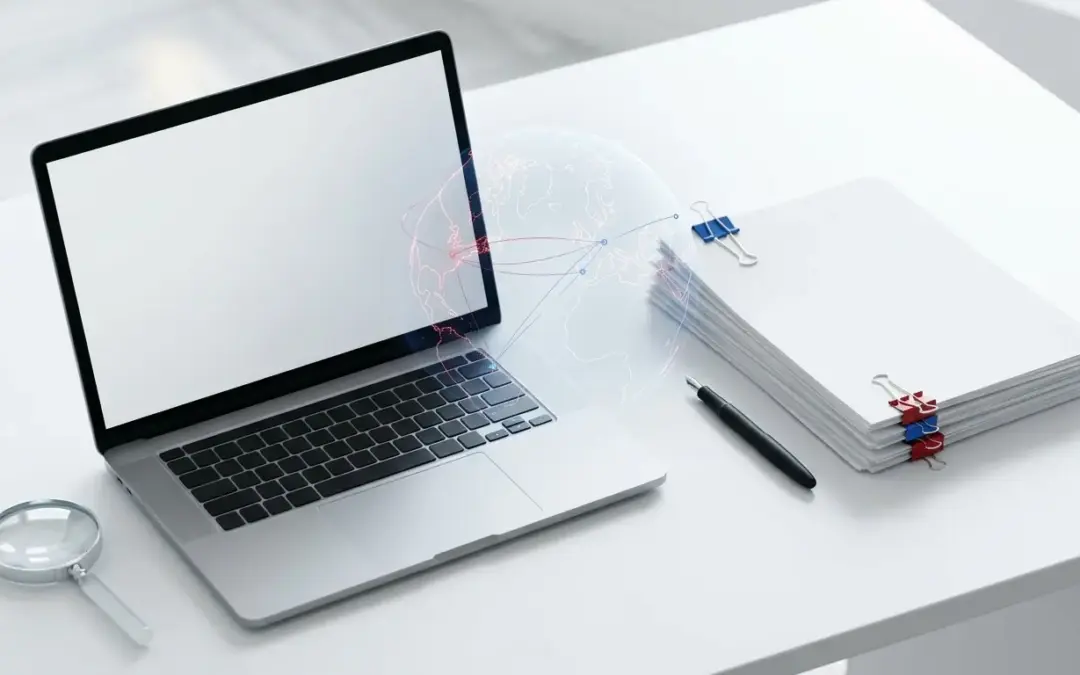 Laptop beside stacked documents with globe network.