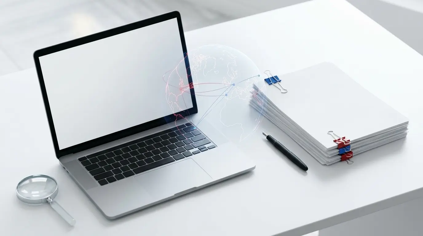 Laptop beside stacked documents with globe network.