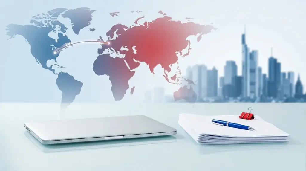 Laptop and documents on a desk with world map backdrop.