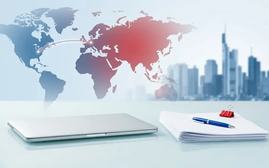 Laptop and documents on a desk with world map backdrop.